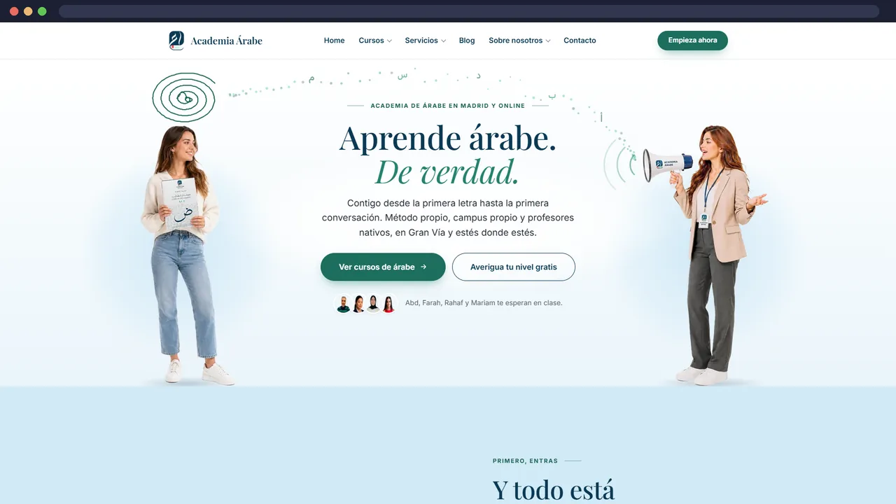Web pública de Academia Árabe, academiaarabe.es, con sus cursos de árabe presenciales y online