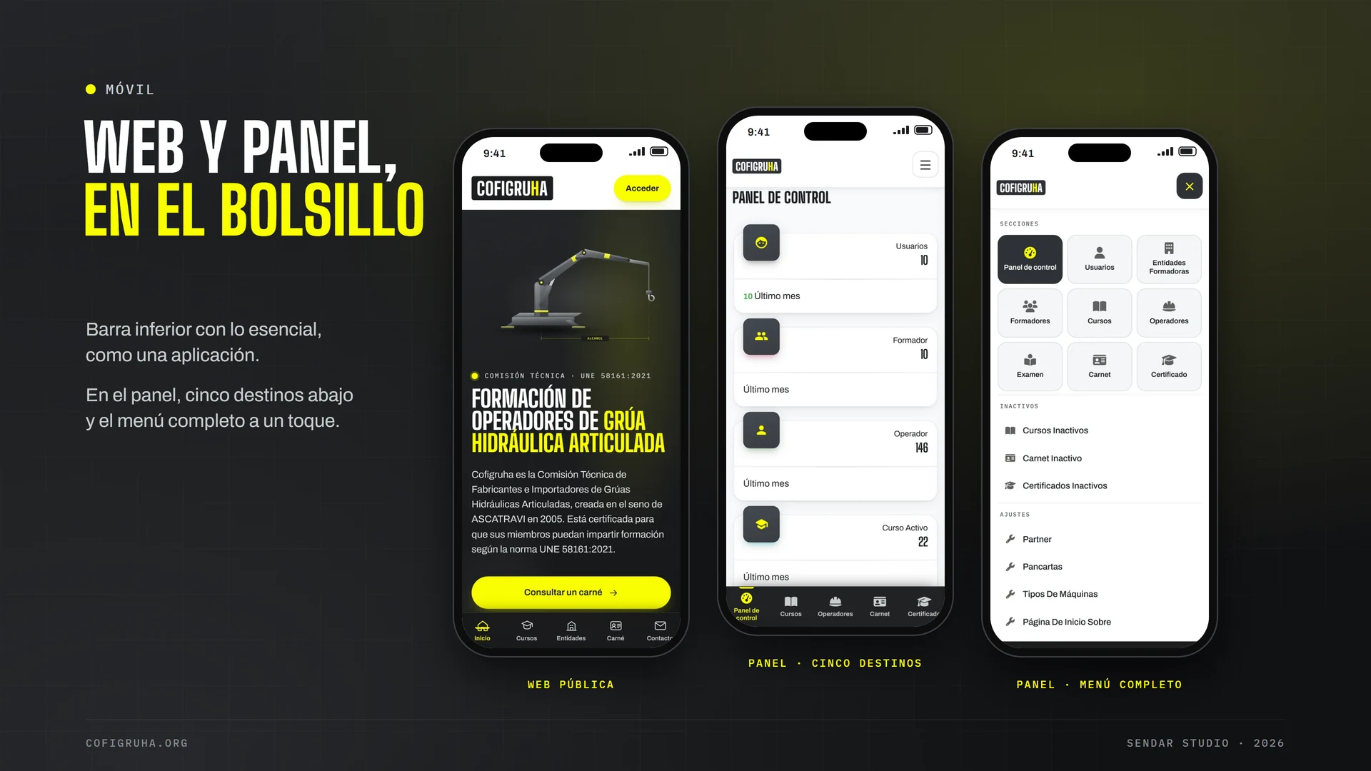 Cofigruha en el móvil: web pública y panel — proyecto SENDAR